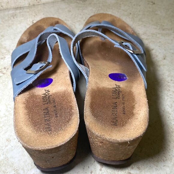 Womens Blue Leather Strappy Sandals Cork Wedge Sole Adjustable Buckle Strap - Picture 3 of 9